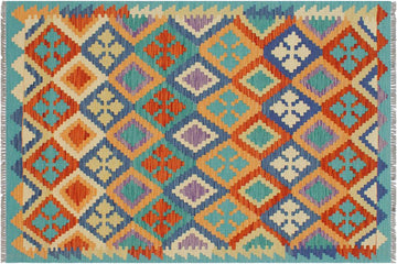Flat Weave Kilim, Antique, Navaho, Vintage, Handmade, Geometric Kilim Rust Blue Hand-Woven Rectangle 100% Wool Area Rug 3 x 5